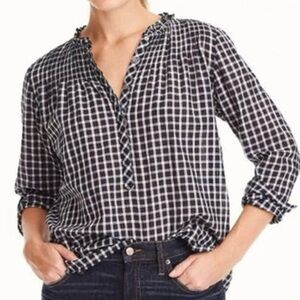 J. Crew Ruffle Classic Popover Gingham Shirt - 3/4 sleeves, 3/4 hidden buttons